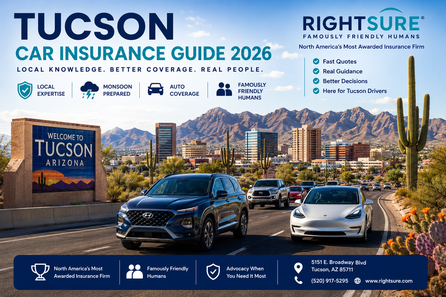 Tucson Arizona drivers and vehicles with desert roads mountains and car insurance guidance from RIGHTSURE