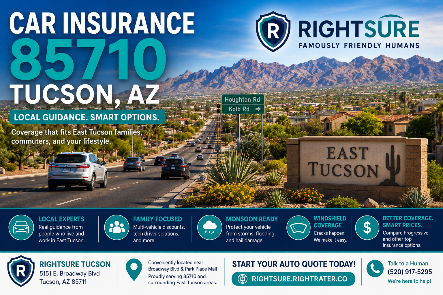 Car insurance in Tucson Arizona 85710 near Houghton Road and East Tucson neighborhoods with RIGHTSURE Famously Friendly Humans