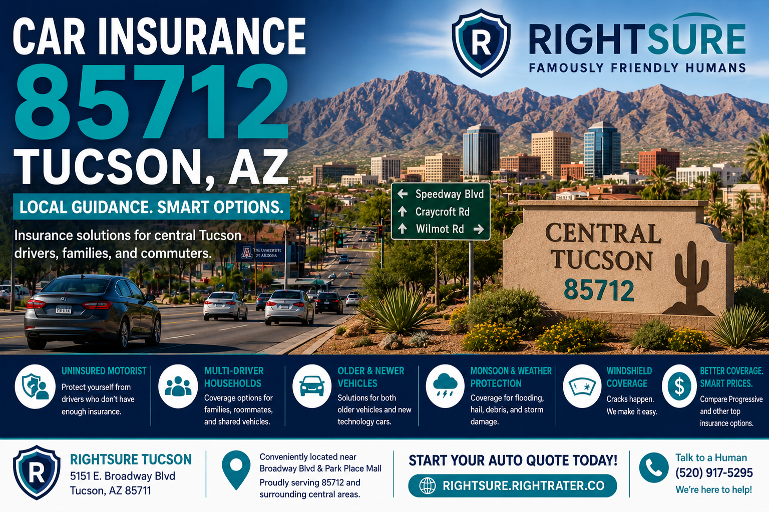 Car insurance in Tucson Arizona 85712 near Speedway Boulevard and central Tucson neighborhoods with RIGHTSURE Famously Friendly Humans
