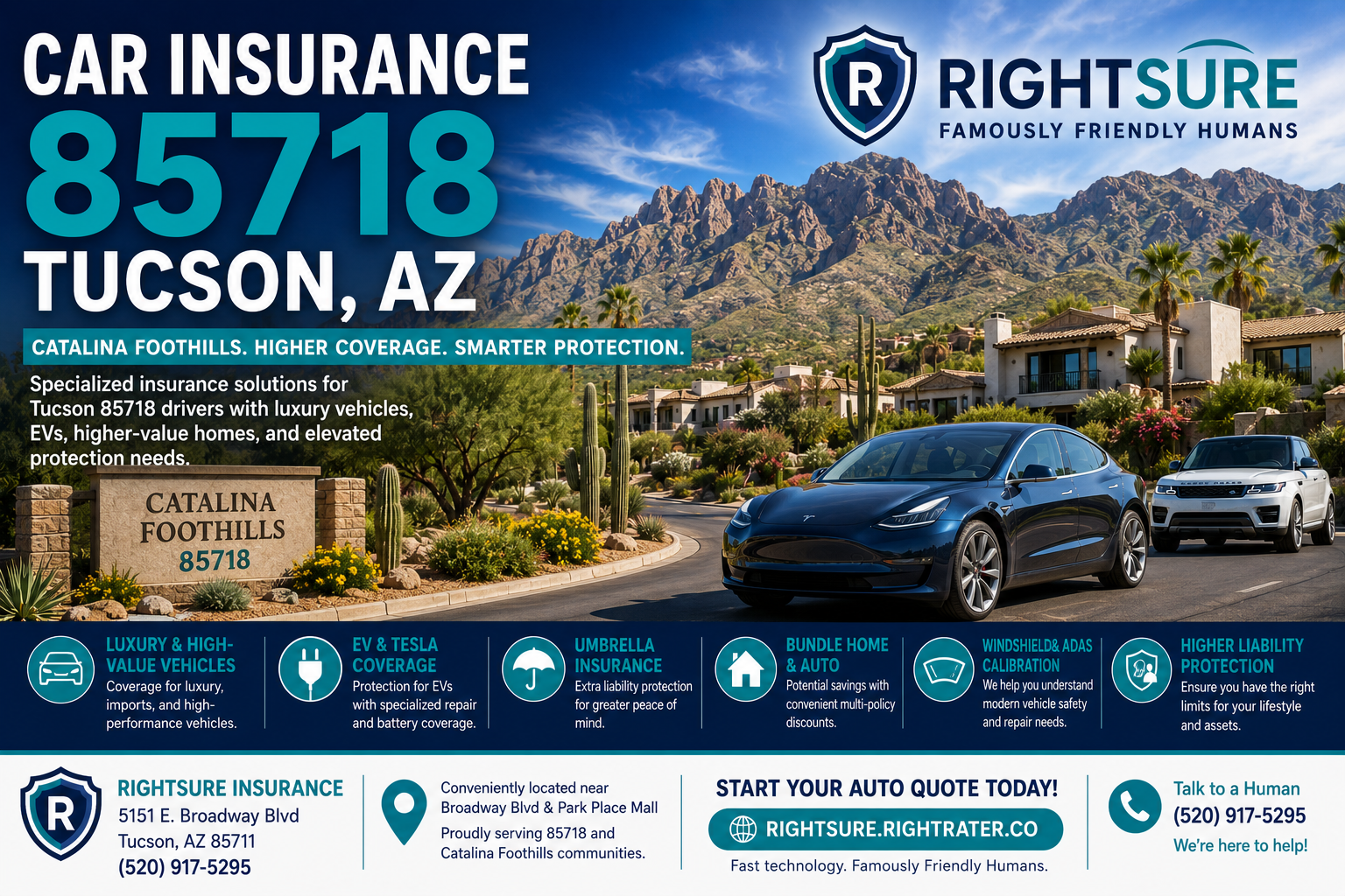 Car insurance in Tucson Arizona 85718 near Catalina Foothills with RIGHTSURE helping drivers compare luxury vehicle EV and umbrella coverage options