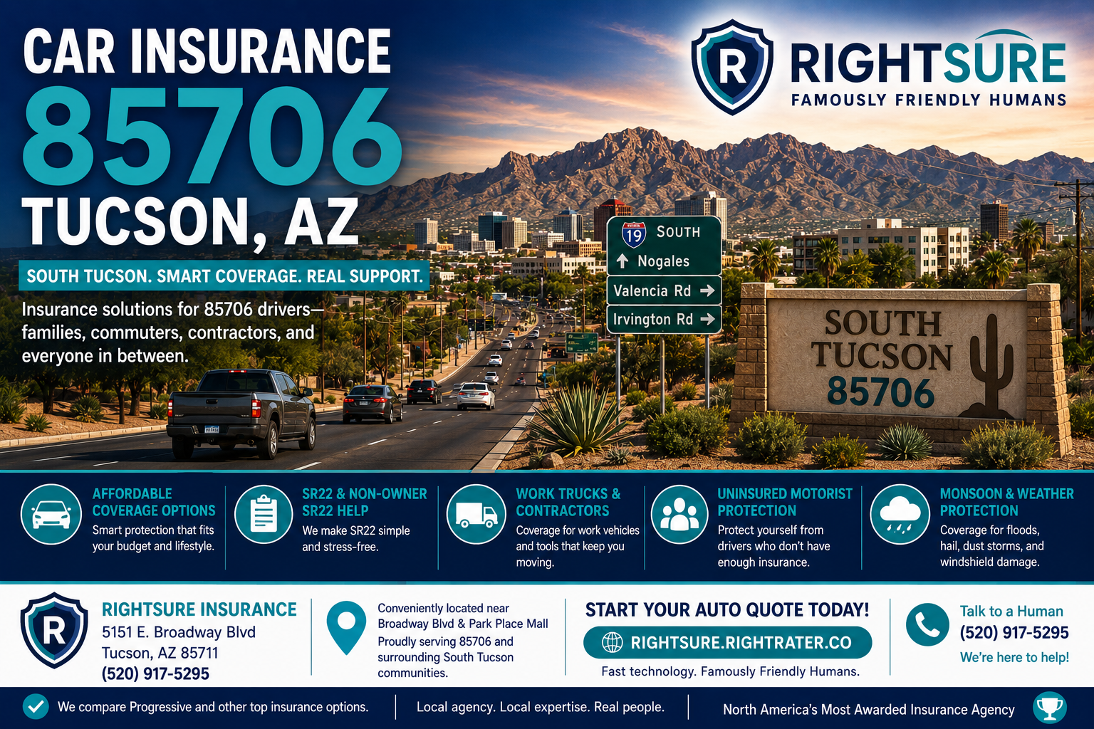 Car insurance in Tucson Arizona 85706 near Valencia Road and South Tucson with RIGHTSURE helping drivers compare affordable protection and SR22 options