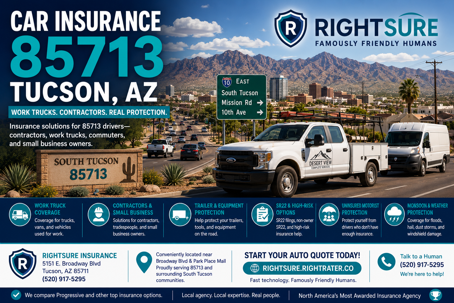 Car insurance in Tucson Arizona 85713 with RIGHTSURE helping contractors work trucks commuters and South Tucson drivers compare insurance coverage