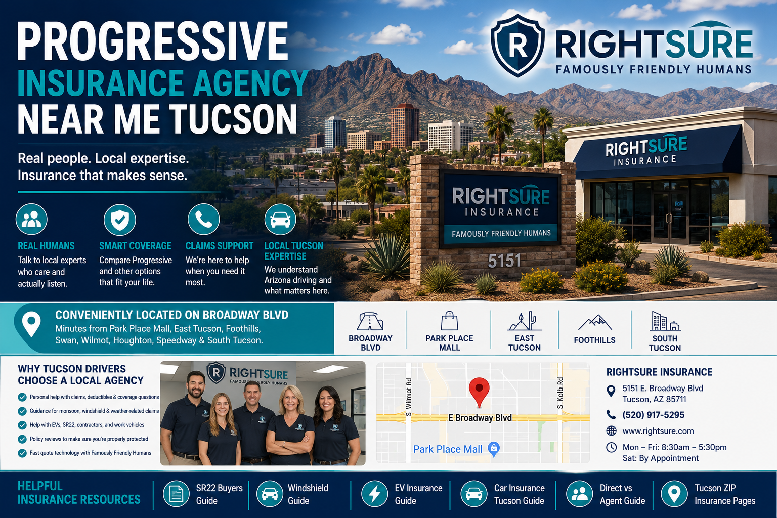 Progressive insurance agency near Tucson Arizona with RIGHTSURE Famously Friendly Humans helping drivers compare local insurance options