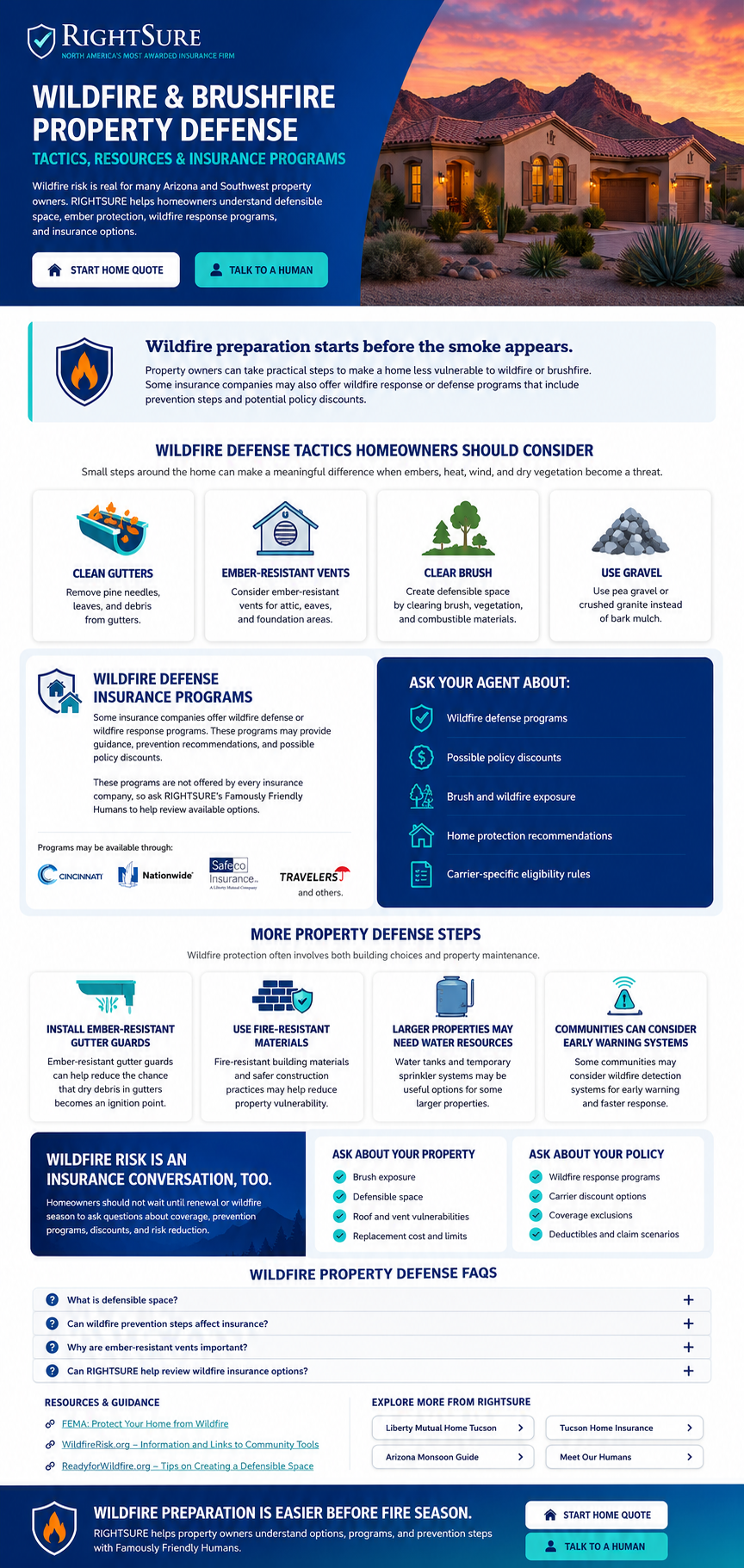 Wildfire and brushfire property defense guide from RIGHTSURE showing defensible space home protection and insurance program options