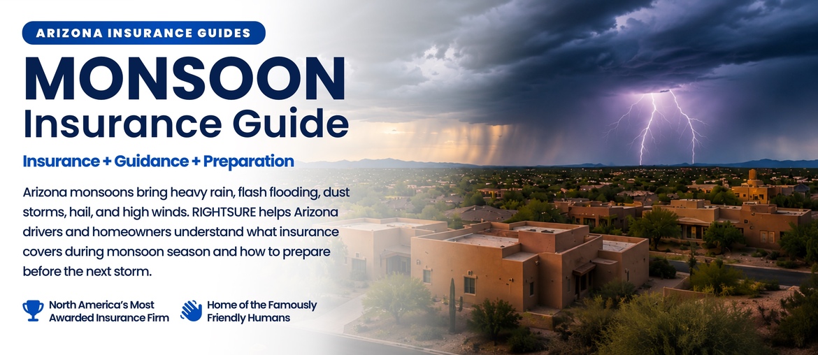 Infographic-style presentation of the impact of monsoons in Arizona on home and auto insurance, published by RIGHTSURE