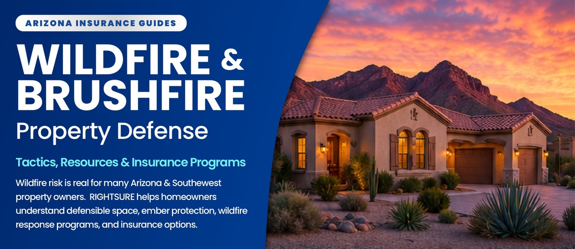 Infographic describing wildfire and brushfire property defense guide from RIGHTSURE that includes defensible space home protection and insurance program options in Arizona