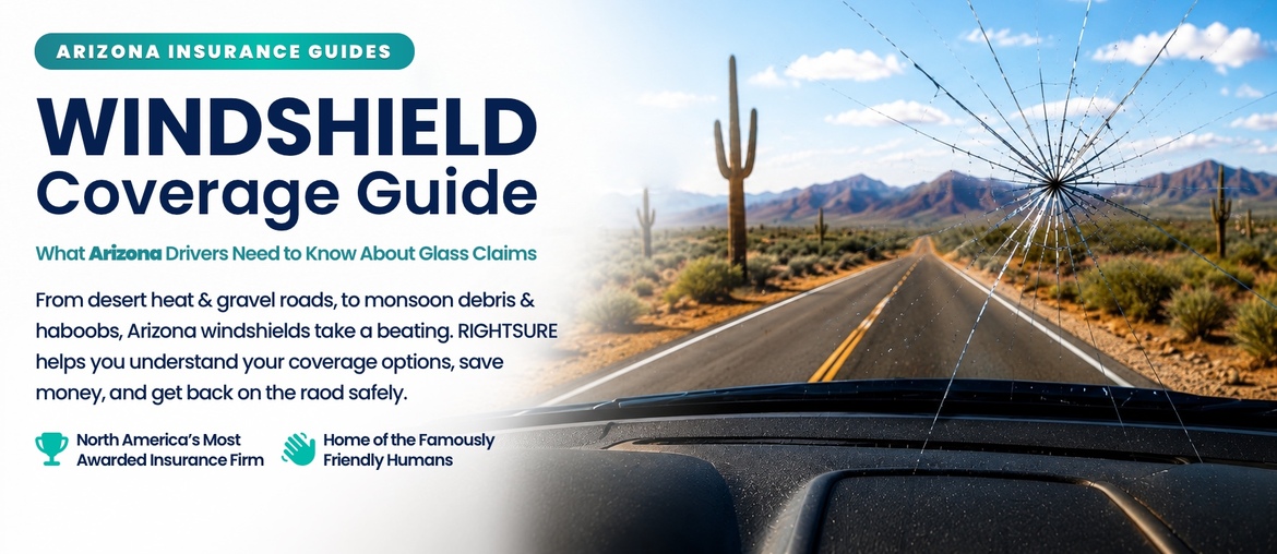 RIGHTSURE's guide to Arizona windshield coverage with a graphic showing cracked windshield replacement and desert driving conditions