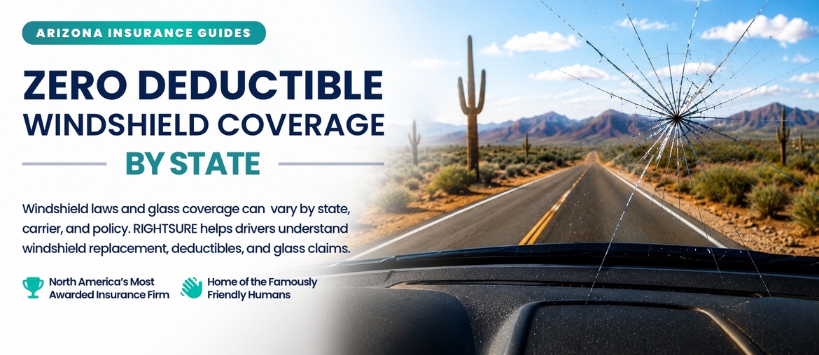 Zero deductible windshield coverage guide showing cracked windshield replacement and Arizona desert driving conditions