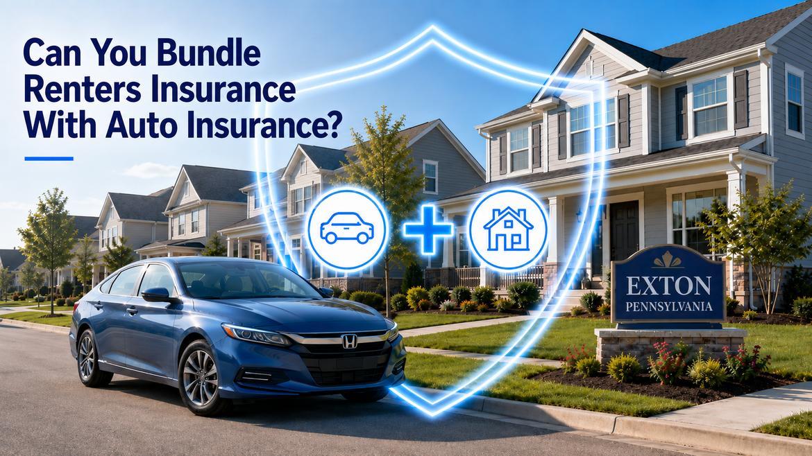Blue sedan and suburban Exton, PA homes shown inside a glowing shield with car and home icons, representing bundled renters and auto insurance coverage.