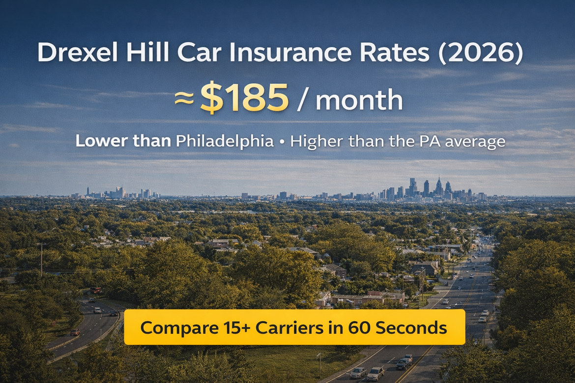 Drexel Hill, PA car insurance rates in 2026 with average full coverage cost around $185 per month.