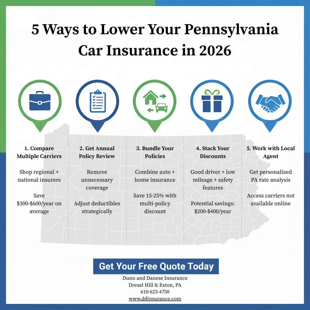 Philadelphia skyline at dusk with heavy highway traffic and Dunn Insurance "5 Ways to Lower Your Pennsylvania Car Insurance in 2026" infographic overlay.