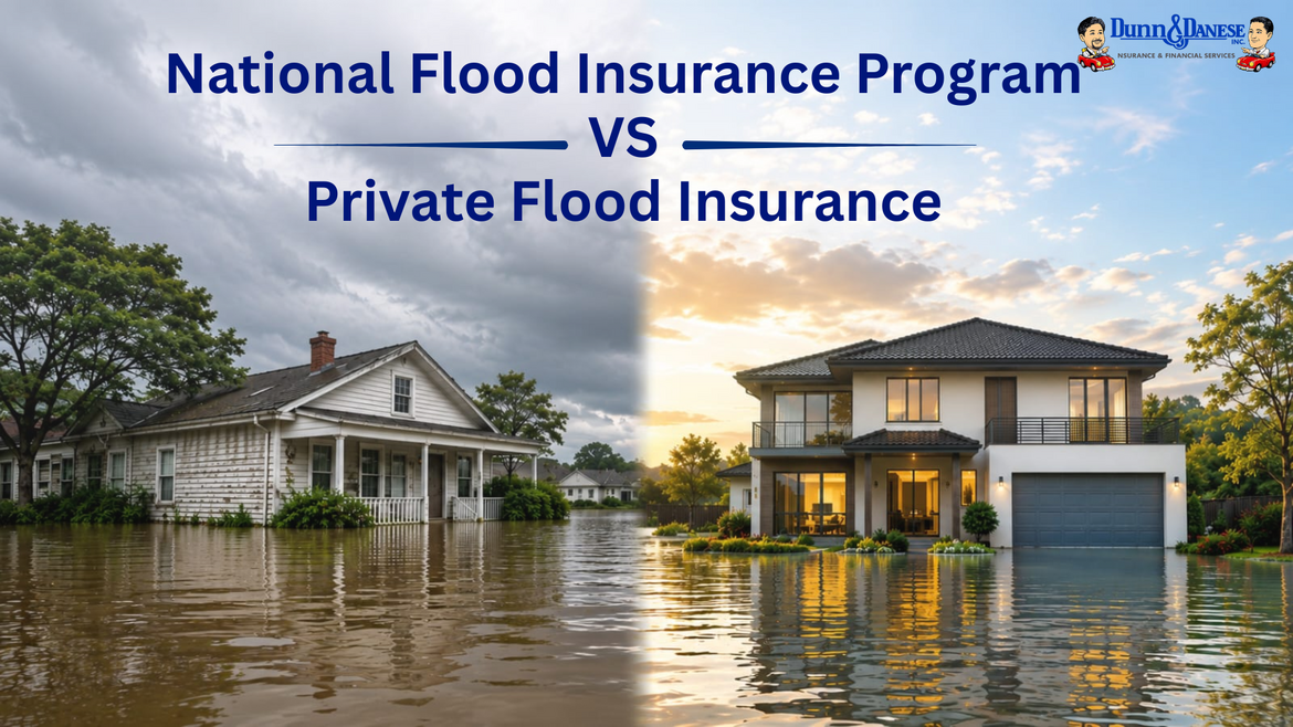 Side-by-side comparison of a flooded older home representing NFIP coverage and a modern dry home representing private flood insurance, for Pennsylvania homeowners comparing flood insurance options