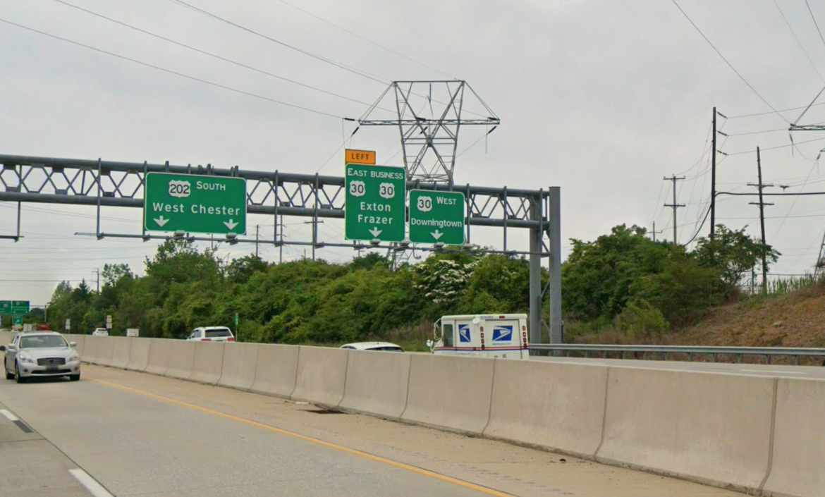 Exton, PA car insurance rates in 2026 with the Route 30 and Route 202 intersection in Chester County, Pennsylvania.