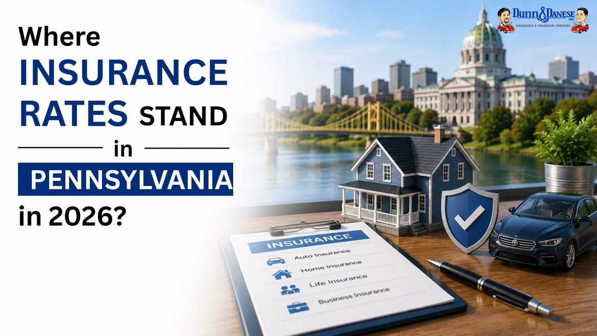 Pennsylvania state capitol building beside a clipboard showing auto, home, life, and business insurance categories with a house model, car, and insurance shield representing 2026 PA insurance rates