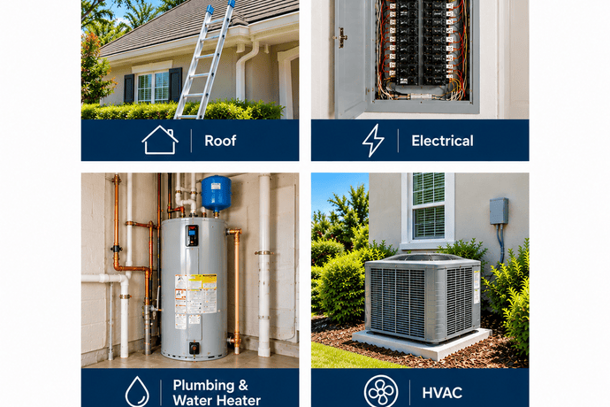 Four components of a Florida 4-point inspection: roof, electrical, plumbing and water heater, and HVAC