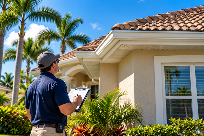 Home inspector evaluating the roof of a Florida home during a wind mitigation inspection.
