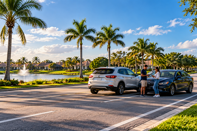 Drivers exchanging information after a minor accident on a Central Florida roadway, representing uninsured motorist coverage.