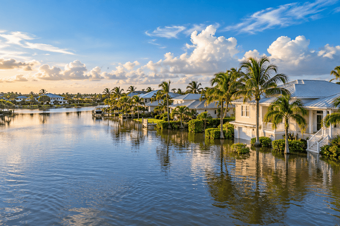 Floodwater surrounding homes in a Florida residential neighborhood, illustrating flood damage and flood insurance risk.
