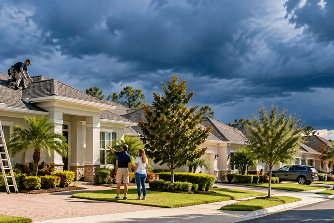 Florida homeowners reviewing their shingle roof with an inspector before an approaching storm.