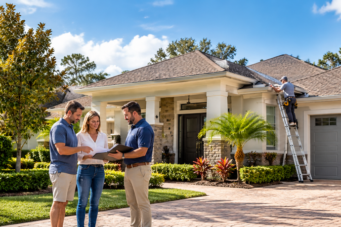 Florida homeowners reviewing insurance coverage with a professional while a home with a shingle roof is inspected.