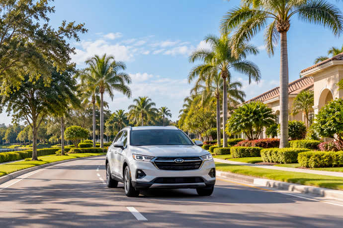 Vehicle driving through a Florida neighborhood representing auto insurance coverage requirements.