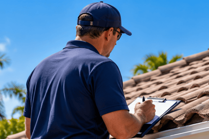 Roof inspector examining a tile roof on a Florida home during a roof inspection.
