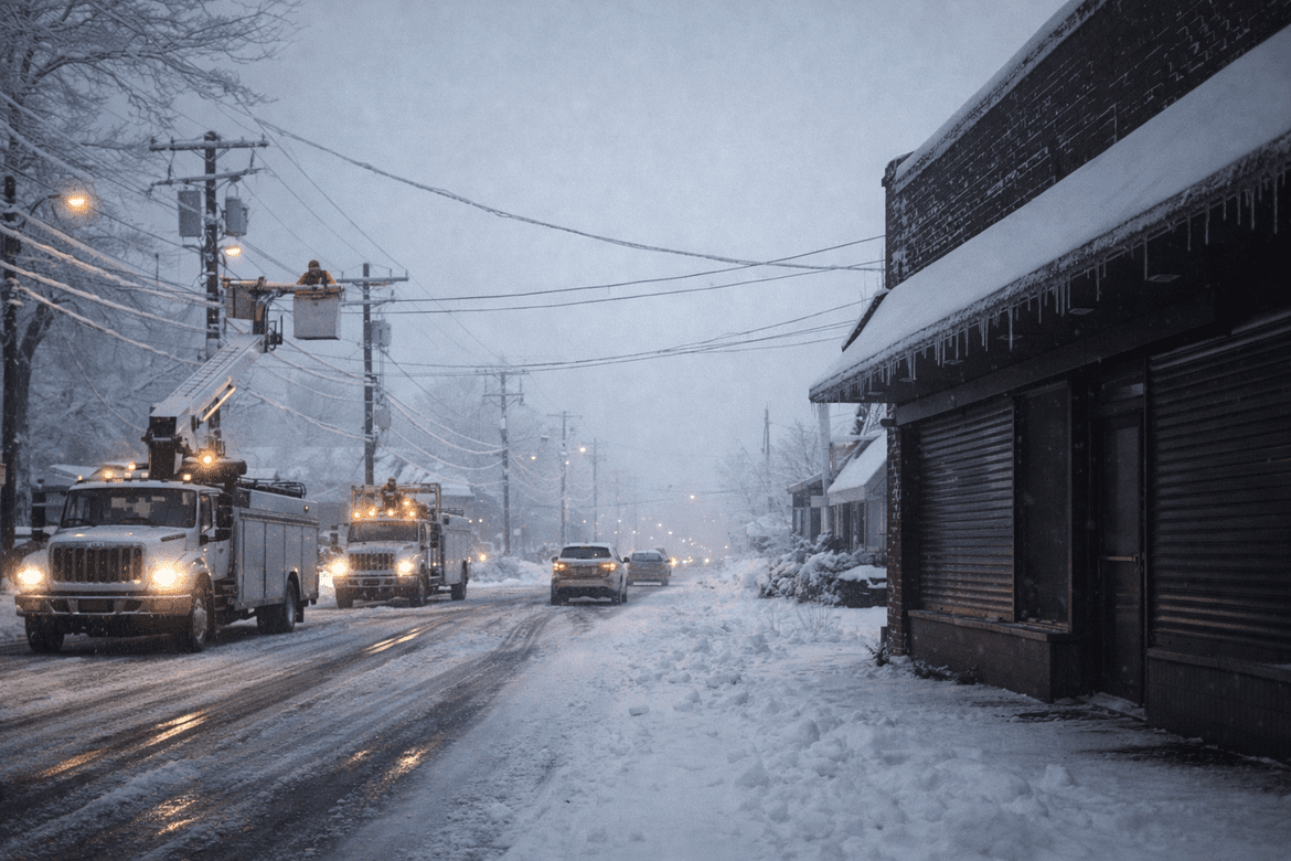 snow-covered street as crews restore power after a winter storm.