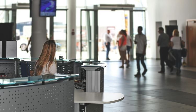 Busy commercial building lobby