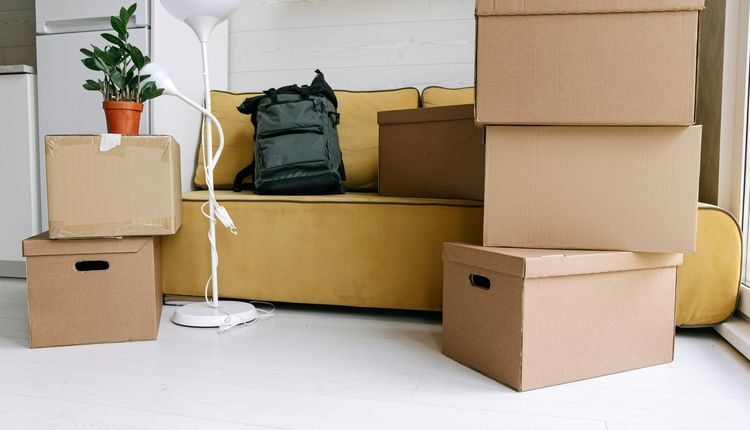 Moving boxes on a yellow couch