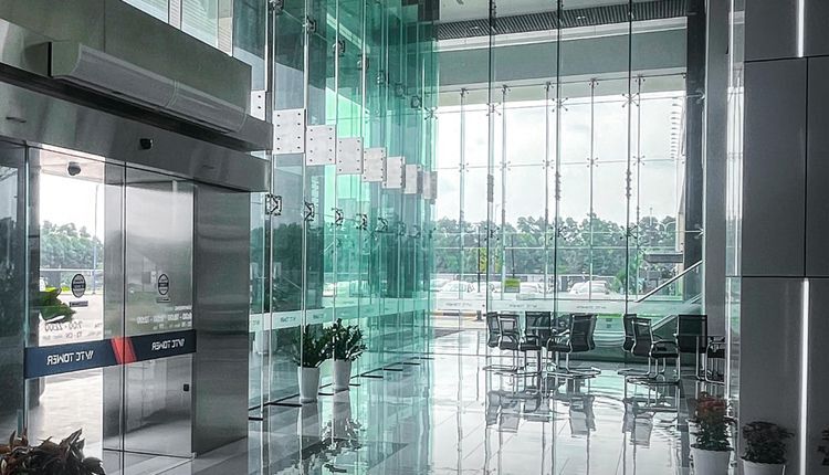 Office lobby with large glass windows
