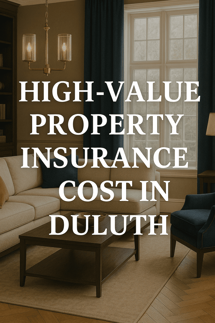 A promotional image showcasing a luxurious Duluth living room with a beige sectional sofa, navy blue armchair, dark wood coffee table, and elegant brass chandelier. Natural light streams through large windows framed by navy curtains. Overlay text in bold white capital letters reads, “HIGH-VALUE PROPERTY INSURANCE COST IN DULUTH,” centered vertically and spanning the image.