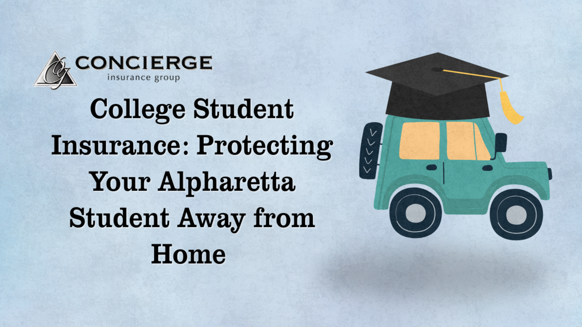 Concierge Insurance Group logo next to cartoon of a car wearing a graduation cap, promoting college student insurance for Alpharetta families.