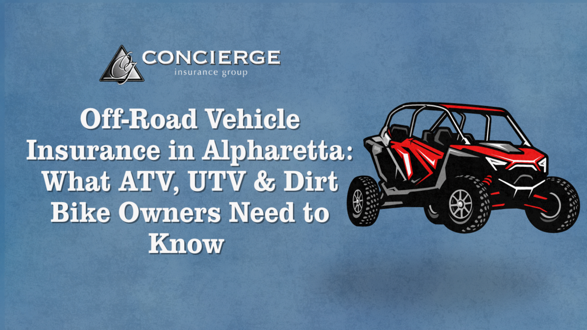 Concierge Insurance Group logo and a red UTV illustration promoting off-road vehicle insurance in Alpharetta for ATV, UTV, and dirt bike owners.