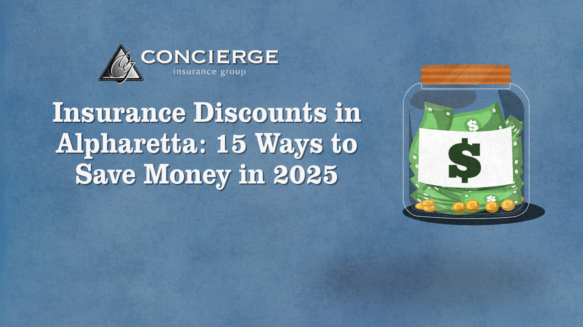 Concierge Insurance Group banner showing a money jar illustration next to the title 'Insurance Discounts in Alpharetta: 15 Ways to Save Money in 2025'