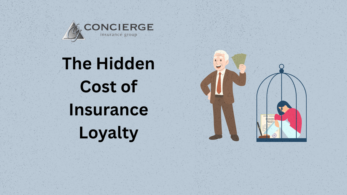 Illustration of a wealthy insurance agent holding cash next to a trapped customer with an insurance policy, highlighting the hidden cost of insurance loyalty for Concierge Insurance Group.