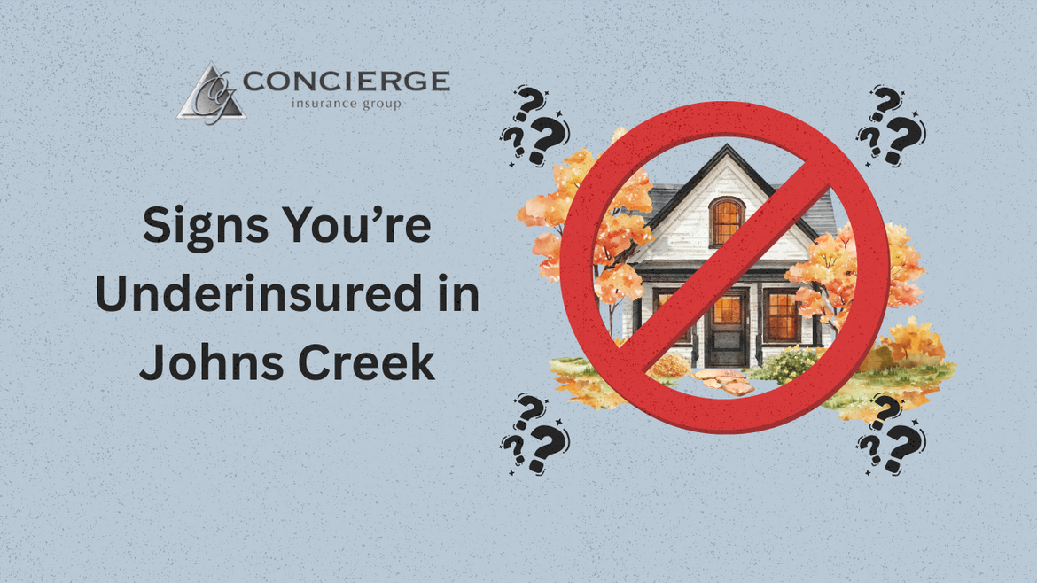 Illustration of a suburban home with a red warning symbol, surrounded by question marks, next to the text 'Signs You’re Underinsured in Johns Creek' with Concierge Insurance Group logo