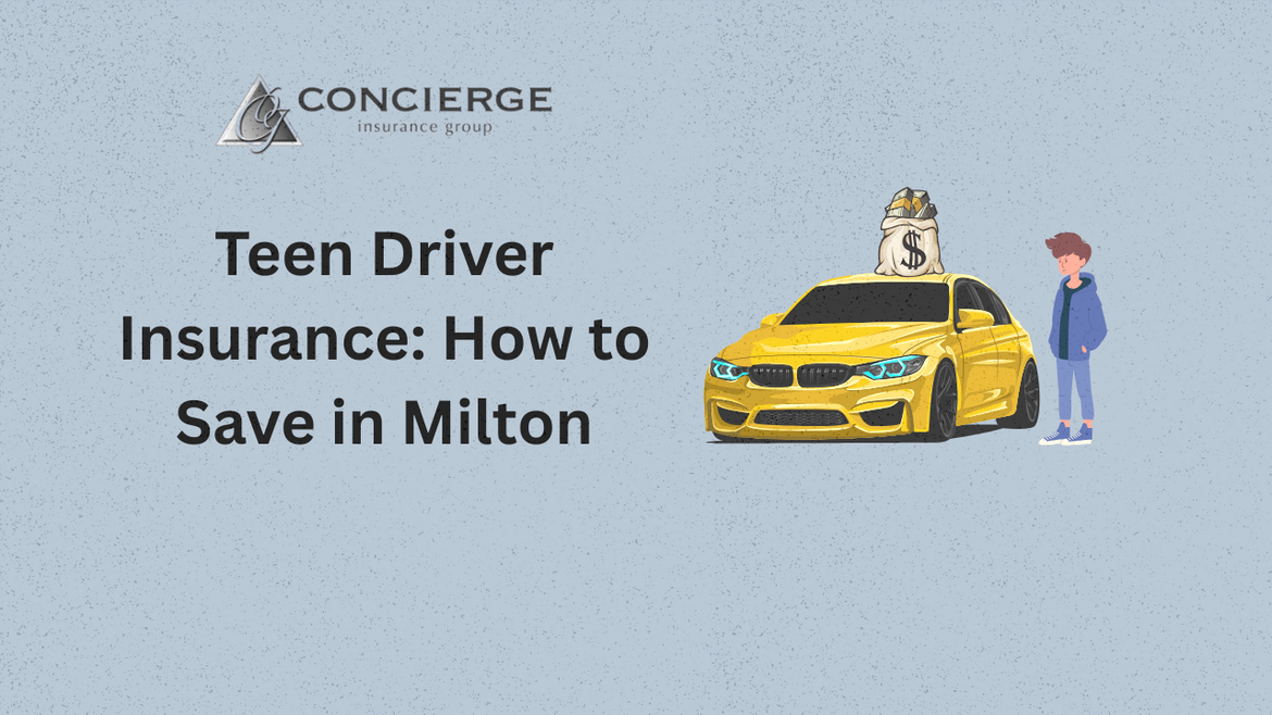Illustration of teen driver standing beside yellow car with money bag, promoting how to save on teen driver insurance in Milton by Concierge Insurance Group