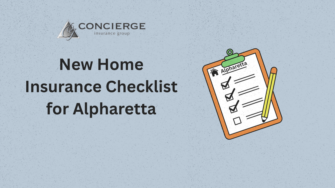 Illustration of a home insurance checklist for Alpharetta with a clipboard, pencil, and Concierge Insurance Group logo.