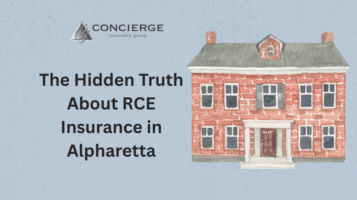 Concierge Insurance Group banner with watercolor illustration of a red brick luxury home and text reading 'The Hidden Truth About RCE Insurance in Alpharetta'