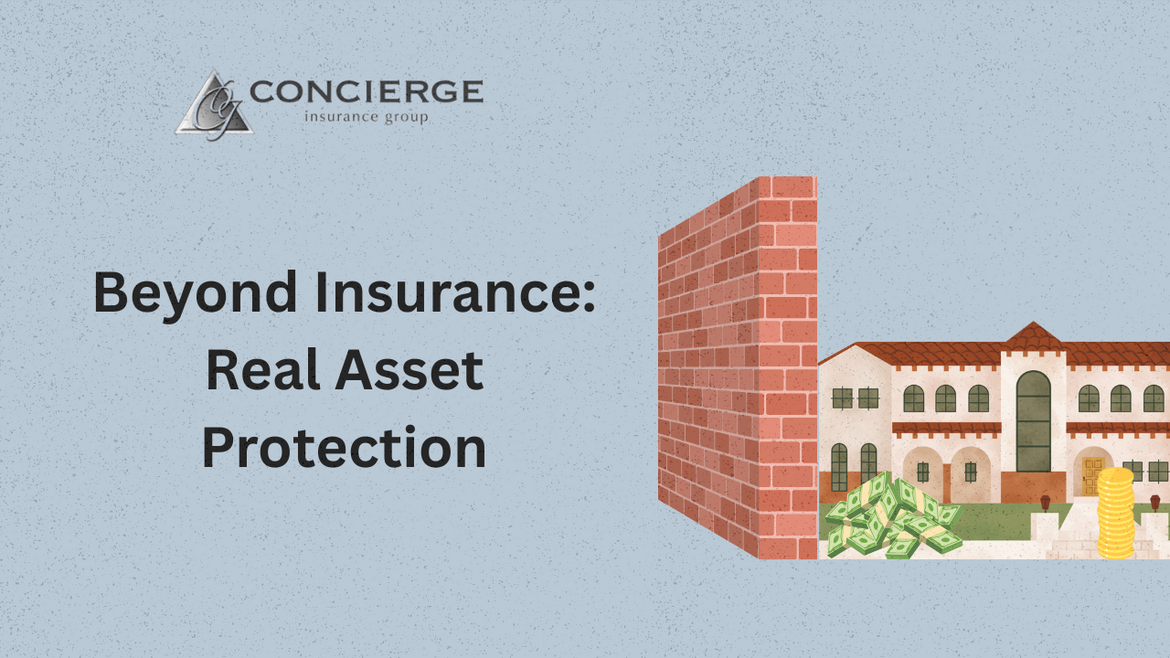 Illustration of a luxury estate shielded by a brick wall, symbolizing asset protection beyond insurance, with cash and gold icons representing wealth security