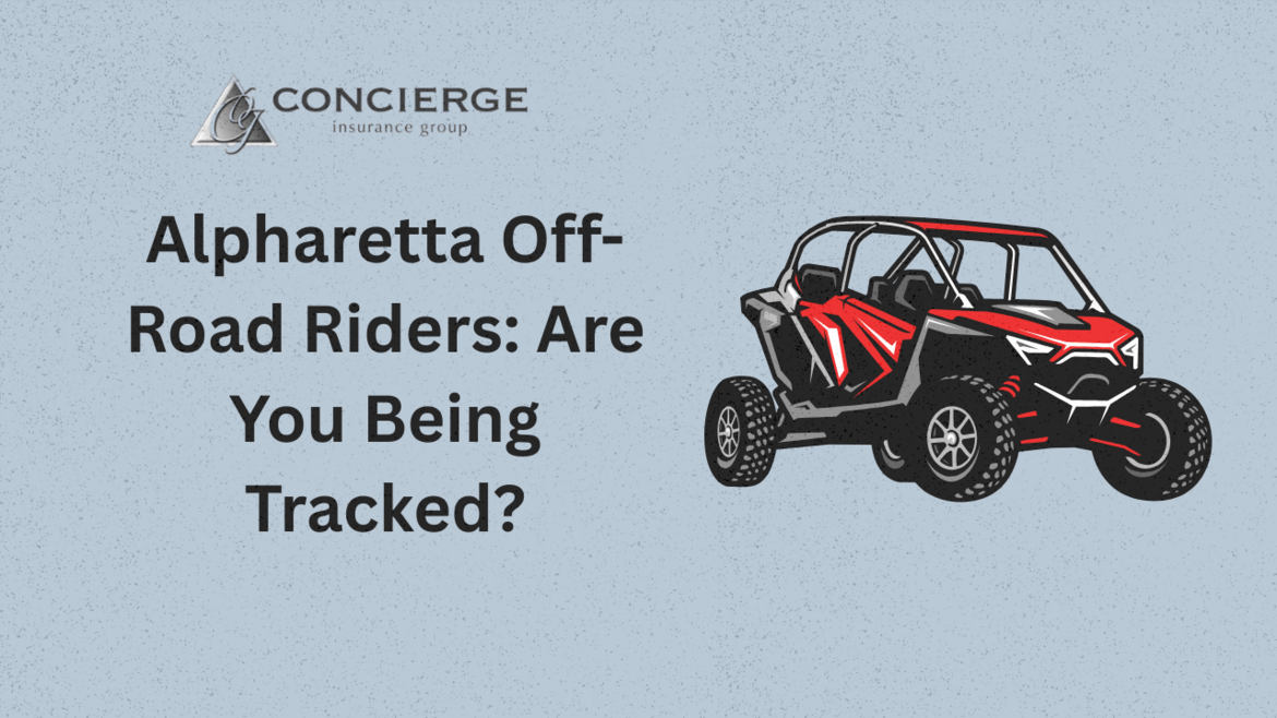 Illustration of red off-road vehicle beside bold headline asking Alpharetta ATV riders if they're being tracked, by Concierge Insurance Group.