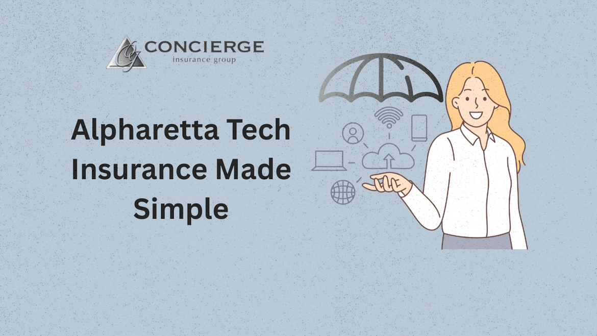 Illustration of a woman presenting cyber and home office insurance icons under an umbrella, with text 'Alpharetta Tech Insurance Made Simple' and Concierge Insurance Group logo