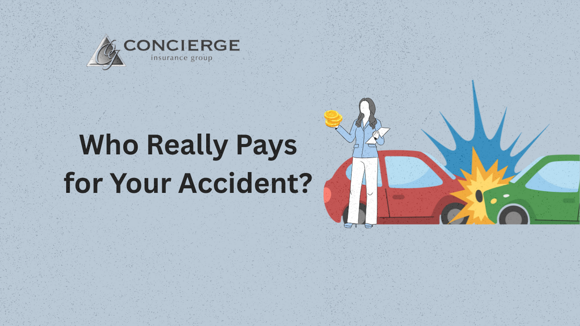 Illustration of a woman holding money and documents standing between two crashed cars, with text that reads 'Who Really Pays for Your Accident?' and Concierge Insurance Group logo above