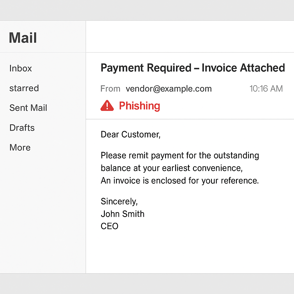 A screenshot of an email inbox showing a phishing message labeled with a red warning icon. The subject line reads “Payment Required – Invoice Attached,” and the email body politely requests payment for an outstanding balance, signed by a fake CEO.