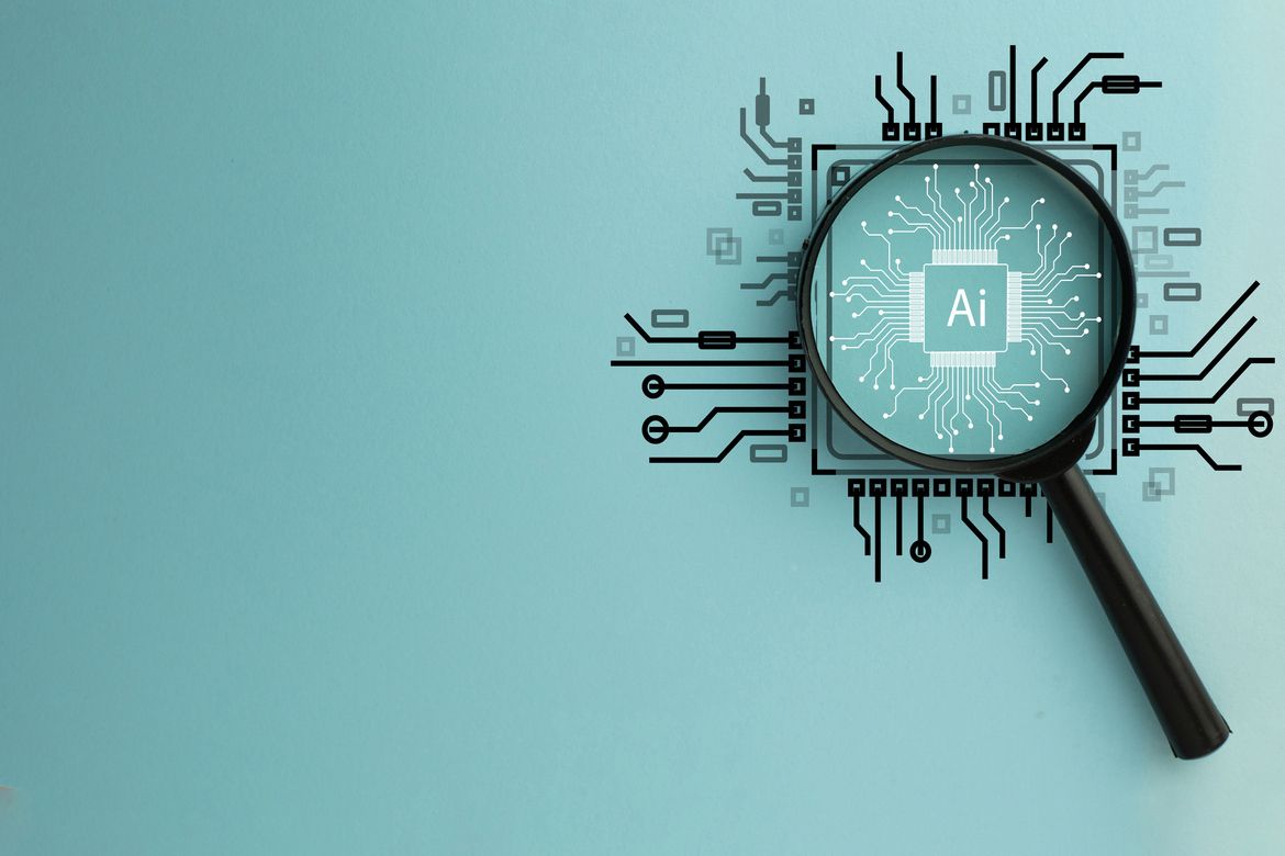 Magnifying glass over an AI computer chip illustration, representing scrutiny in AI and insurance claims.