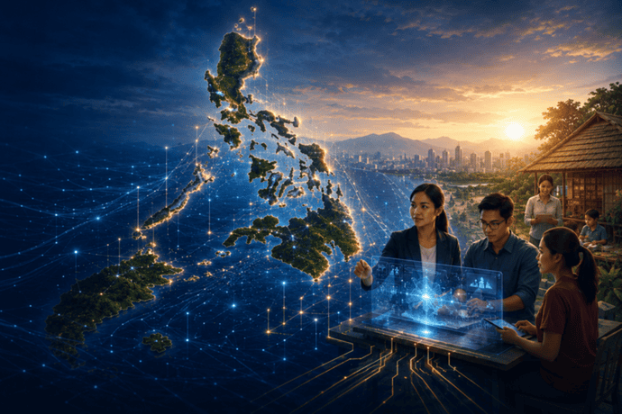 Filipino technology builders beside a digital map of the Philippines, representing local AI development and ownership.