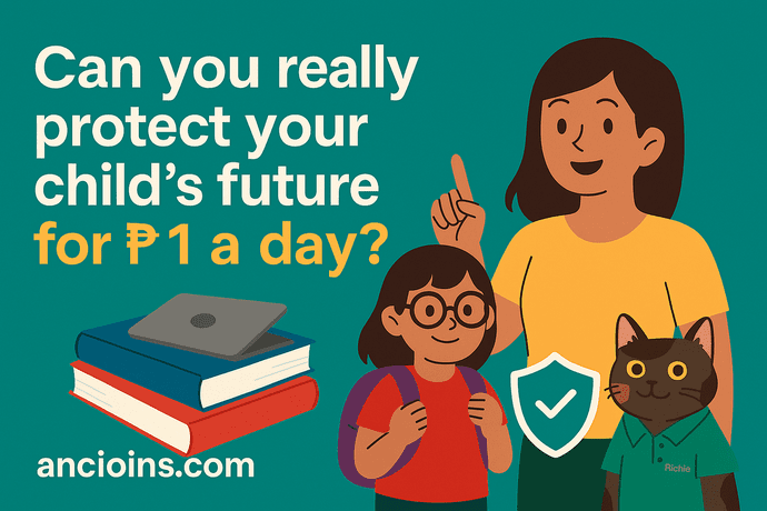 Illustration of a cheerful young student with a red backpack and a graduation cap, standing beside a protective shield labeled ‘Insurance’ and educational icons like books and a laptop — symbolizing financial protection for education.