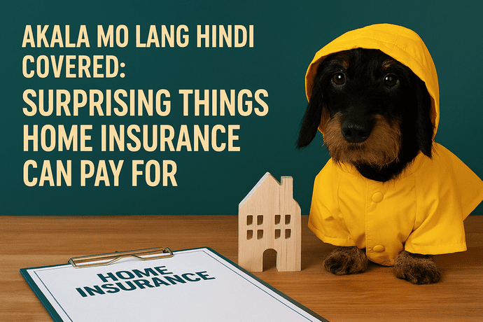 A wirehaired dachshund in a yellow raincoat sits beside a home insurance document and a wooden house model, with bold text that reads: 'Akala Mo Lang Hindi Covered: Surprising Things Home Insurance Can Pay For.